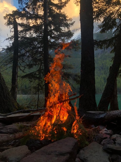 A vibrant campfire burns among tall trees, with a serene lake and mountains in the background under a colorful sky.
