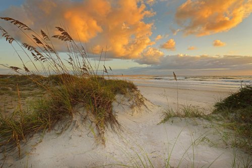 A serene beach scene at sunset, featuring sand dunes, tall grass, and colorful clouds reflecting in the sky.