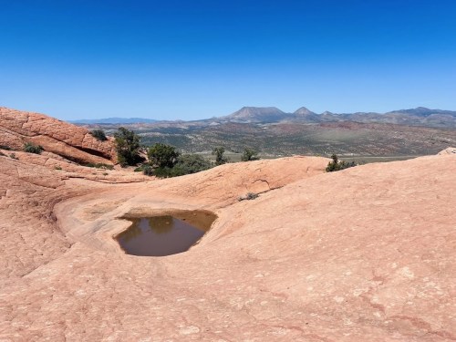 A rocky landscape with a small water pool, surrounded by red rock formations and distant mountains under a clear blue sky.
