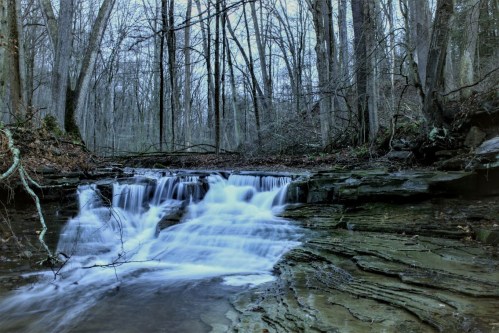 A serene waterfall cascades over rocky terrain, surrounded by bare trees in a tranquil forest setting.