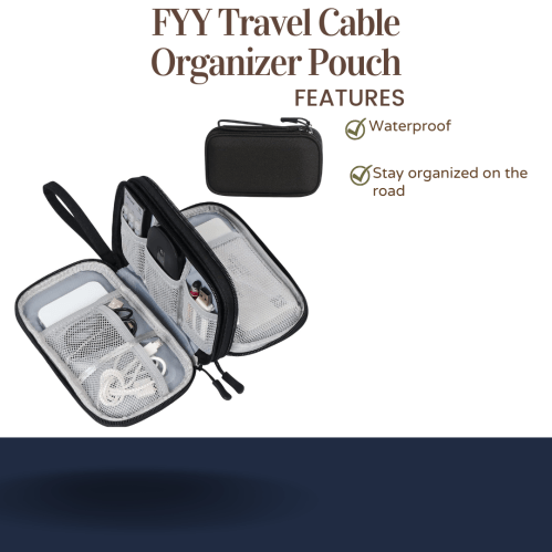A waterproof travel cable organizer pouch with mesh compartments, ideal for keeping accessories organized on the go.