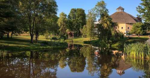 A serene landscape featuring a pond reflecting trees and a yellow building under a clear blue sky.