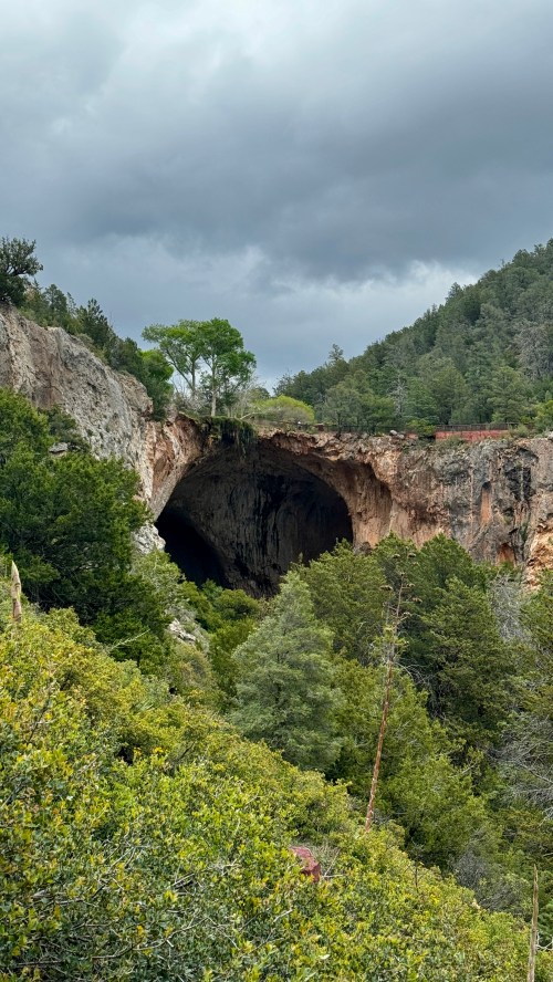 A large cave entrance surrounded by lush greenery and trees, under a cloudy sky.