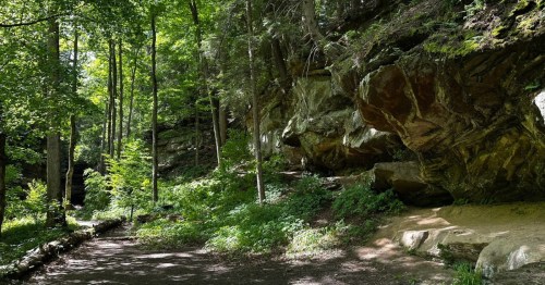 a trail through the woods past rock formations at turkey run state park in indiana