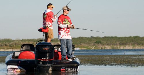 Two men on a fishing boat on the calm water at Choke Canyon State Park, wearing matching shirts with colorful designs.