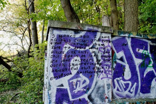 Graffiti on a concrete wall in a wooded area, featuring text reflecting on memories and beauty of the place.