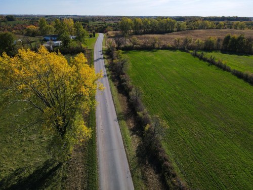 Aerial view of a winding road bordered by green fields and trees with autumn foliage.