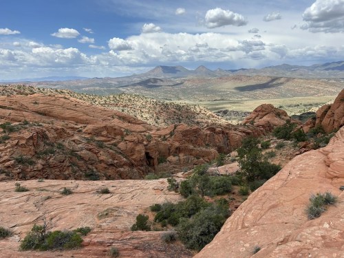 A panoramic view of rocky terrain and distant mountains under a cloudy sky. Green shrubs dot the landscape.