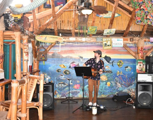 A musician performs with a guitar in a tropical-themed venue, surrounded by colorful decor and a vibrant mural.