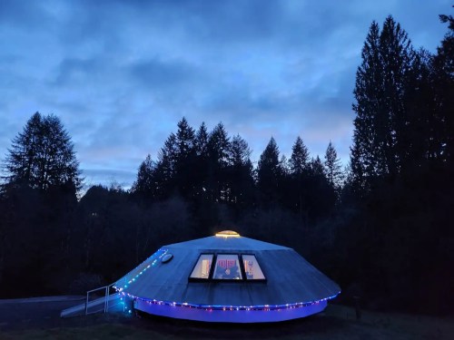 A round, UFO-shaped house adorned with colorful lights, surrounded by tall trees under a twilight sky.
