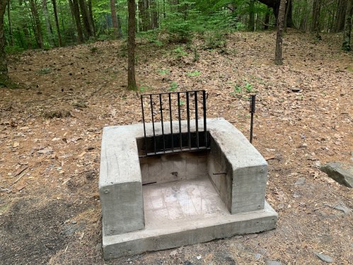A concrete well structure with a metal grate, surrounded by trees and forest floor covered in leaves.