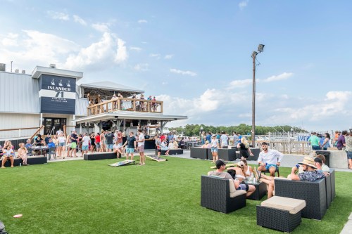 A lively outdoor scene at a waterfront venue with people socializing on grass and a building in the background.