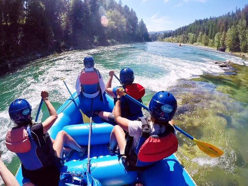 Four people in a blue raft paddle down a river surrounded by trees and rocky banks on a sunny day.
