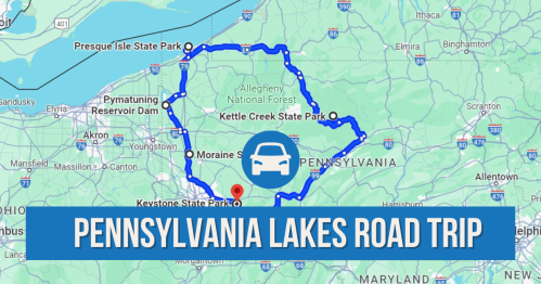 Map of a Pennsylvania lakes road trip route, highlighting key parks and scenic areas.