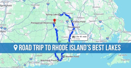 Map showing a road trip route to Rhode Island's best lakes, including Spring Lake, Olney Pond, and Worden Pond.