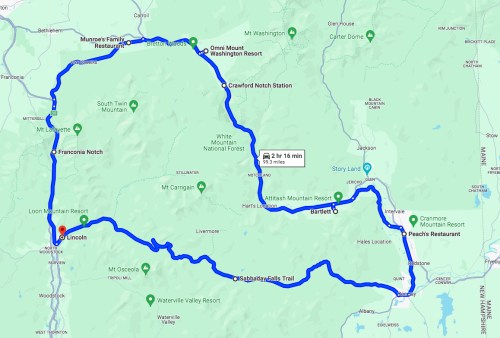 Map showing a scenic route through the White Mountains, including key stops like restaurants and resorts.