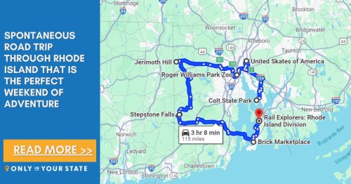 Map of a spontaneous road trip route through Rhode Island, highlighting key stops and attractions for a weekend adventure.