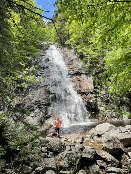 A person stands near a waterfall surrounded by lush green trees and rocky terrain on a sunny day.
