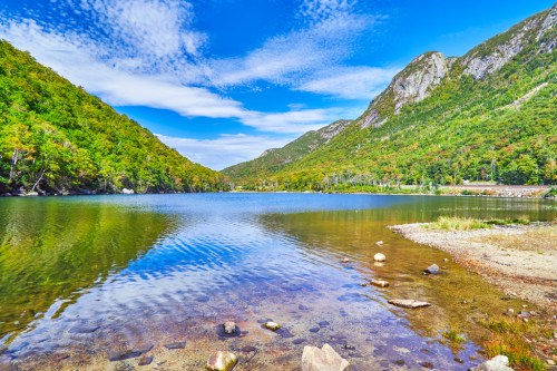 A serene lake surrounded by lush green mountains under a bright blue sky with scattered clouds.