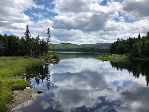 A serene lake surrounded by lush greenery and trees, reflecting clouds and mountains under a blue sky.