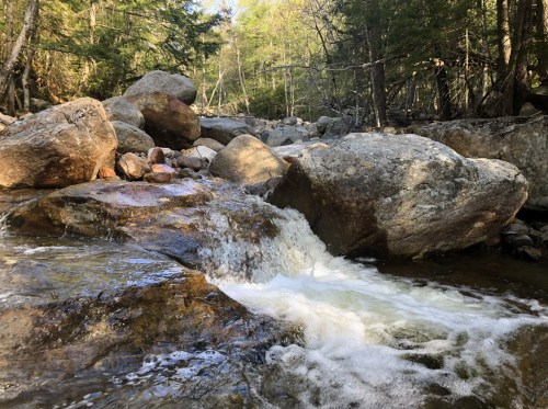 A serene stream flows over large rocks, surrounded by lush greenery and trees in a peaceful natural setting.