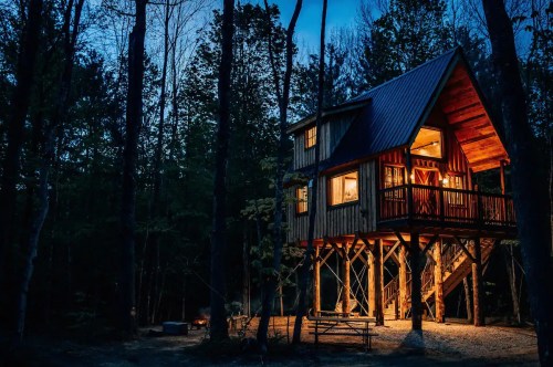 A cozy treehouse illuminated at night, surrounded by tall trees and a serene forest setting.