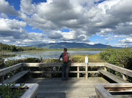 A person stands on a wooden deck overlooking a serene lake surrounded by mountains and fluffy clouds.