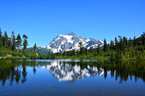 A serene mountain landscape with a clear blue sky, reflecting snow-capped peaks and lush green trees in a calm lake.