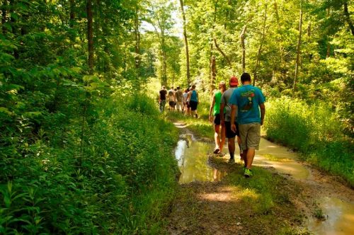 A group of people walking along a muddy trail in a lush green forest. Sunlight filters through the trees.