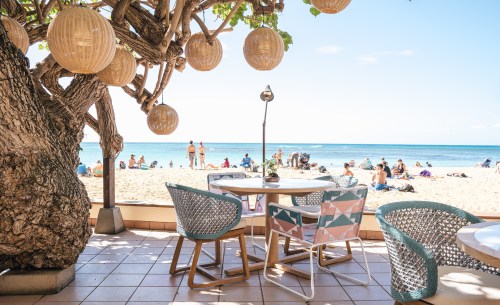 A beachside view from a café with woven chairs, a tree, and hanging lanterns, overlooking sunbathers and the ocean.