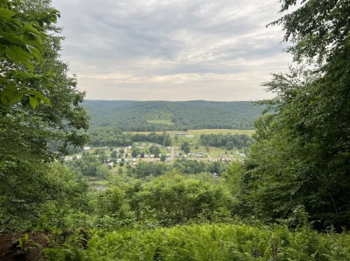 A scenic view of a valley with a small town, surrounded by lush green trees and rolling hills under a cloudy sky.