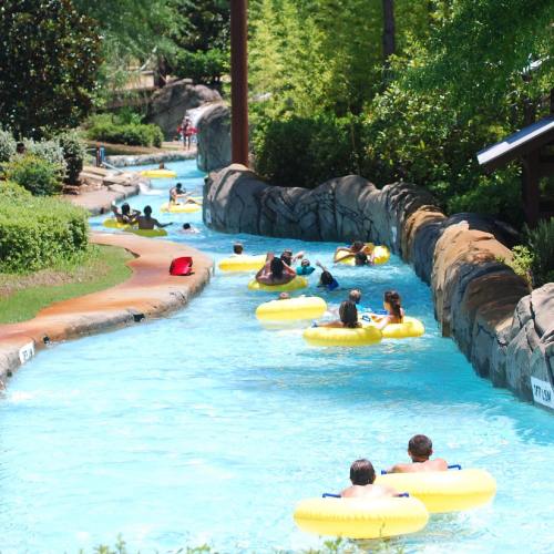 People float on yellow inner tubes in a winding lazy river surrounded by lush greenery and rocky features.