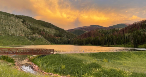 A serene lake surrounded by mountains, with a vibrant orange sunset reflecting on the water and lush greenery in the foreground.