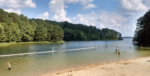 A serene lake surrounded by trees, with people swimming and a sandy beach under a blue sky with fluffy clouds.