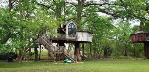 A rustic treehouse nestled among green trees, featuring a staircase and a charming gabled roof.
