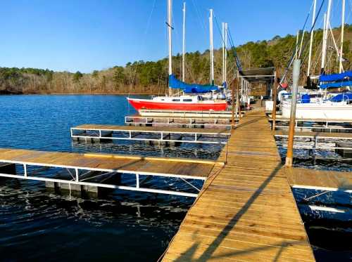 A wooden dock extends over calm water, with sailboats moored nearby and trees lining the shore under a clear blue sky.