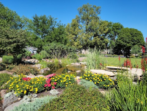 A vibrant garden with colorful flowers, lush greenery, and a small pond under a clear blue sky.