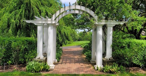 A white archway with columns leads to a lush green pathway surrounded by trees and shrubs.