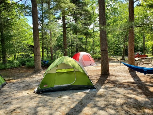 Two tents set up in a wooded campsite, surrounded by trees and a hammock nearby. A picnic table is visible in the background.