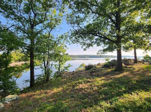 A serene lakeside view framed by trees, with calm water reflecting the blue sky and distant hills.