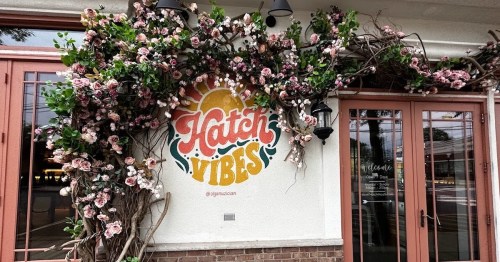 A vibrant sign reading "Hatch Vibes" surrounded by floral decorations on a building exterior.
