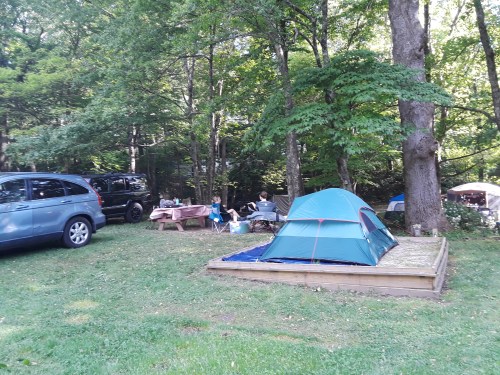 A campsite with a blue tent, picnic table, and people relaxing among trees and parked cars.