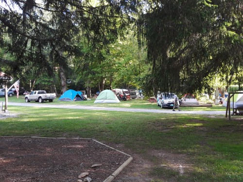 A campsite with several tents and parked cars surrounded by trees and grassy areas.