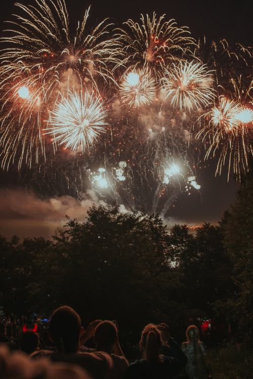 Colorful fireworks illuminate the night sky above a crowd, with trees silhouetted in the foreground.