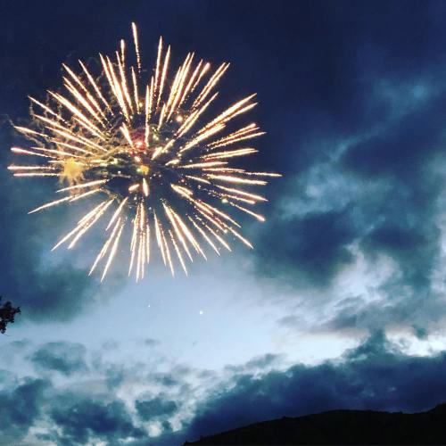 A vibrant firework bursts in the night sky, illuminating dark clouds against a twilight backdrop.