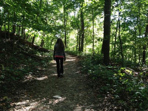 A person walks along a wooded trail, surrounded by lush green trees and dappled sunlight.