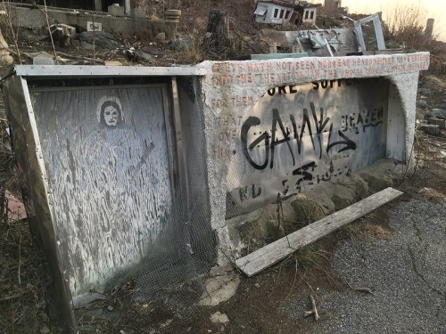 Graffiti-covered concrete structure with a faded image and text, surrounded by overgrown vegetation.
