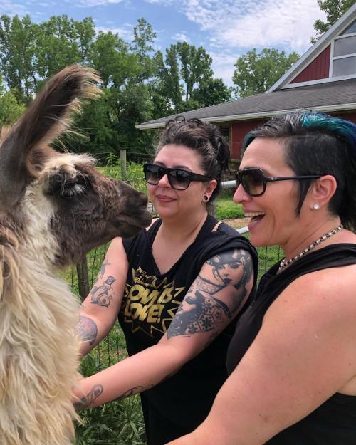 Two women with tattoos smile and interact with a llama in a sunny outdoor setting.