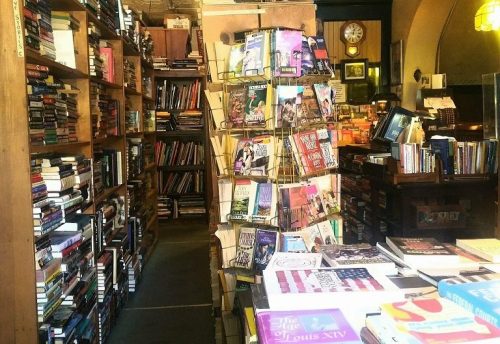 A cozy bookstore filled with shelves of books, a display stand in the center, and warm lighting creating an inviting atmosphere.