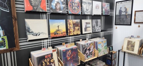 A display of vinyl records on shelves, featuring various album covers and a wall with a plaid design.
